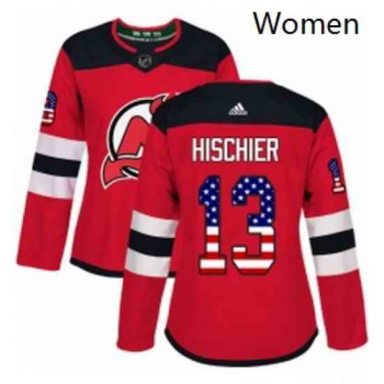 Womens Adidas New Jersey Devils 13 Nico Hischier Authentic Red USA Flag Fashion NHL Jersey
